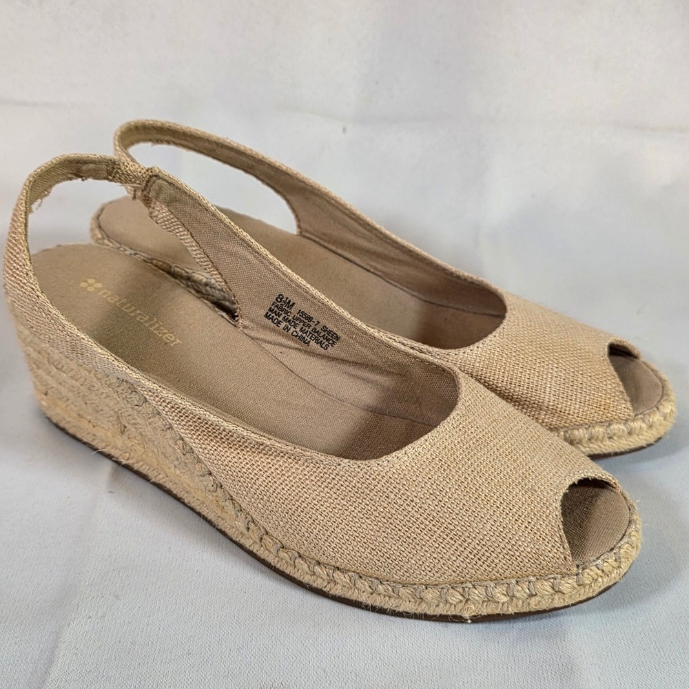 NATURALIZER Tan Canvas Sheen Espadrille Wedge Slingback Sandals Womens 8.5
